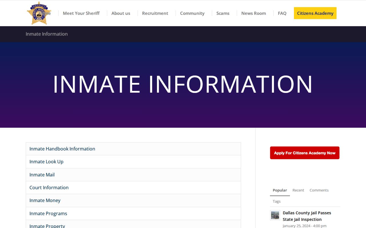 Dallas County arrest history inmate information page