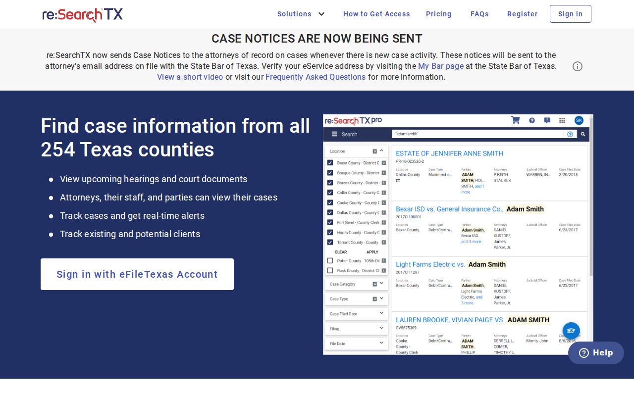 re:SearchTX platform for Dallas County criminal court cases