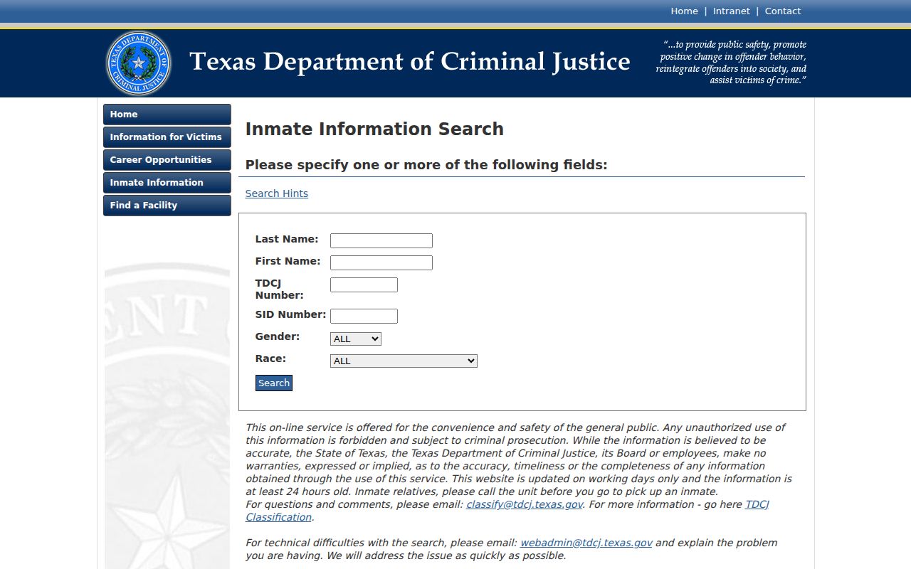 TDCJ inmate search for people transferred from Dallas County custody