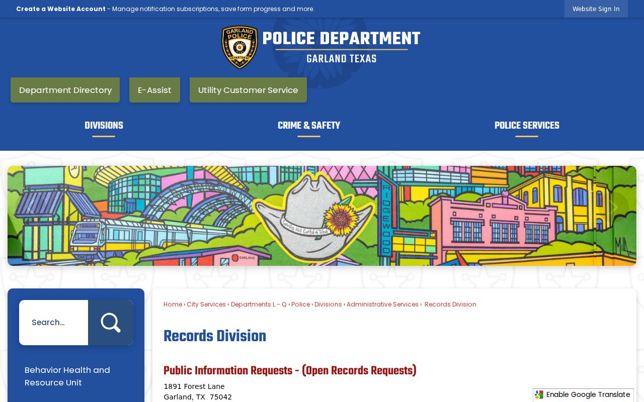 Garland criminal history Police Records Division page