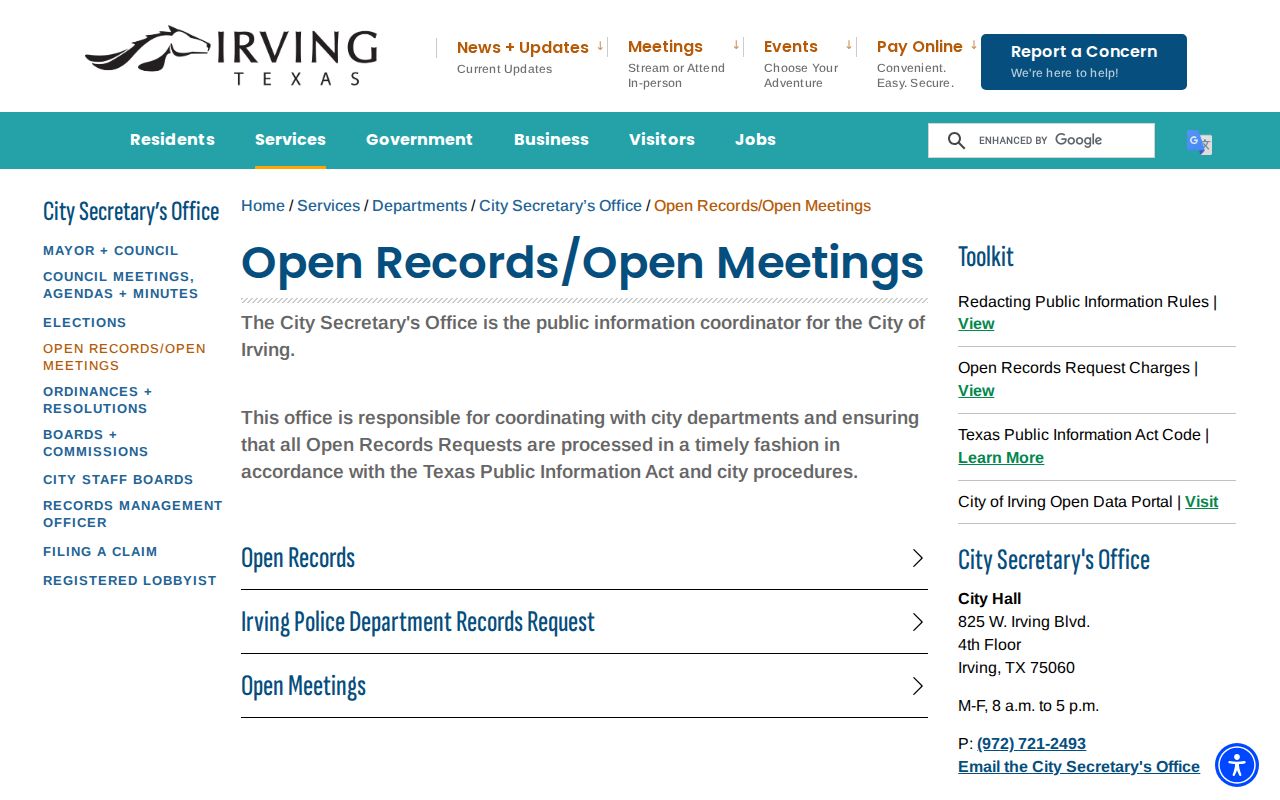 Irving criminal history police open records request page