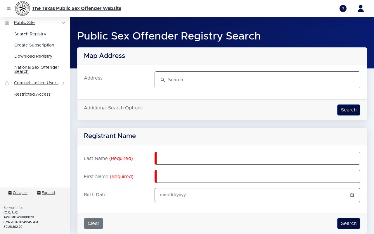 Texas Public Sex Offender Registry search interface for Dallas County searches
