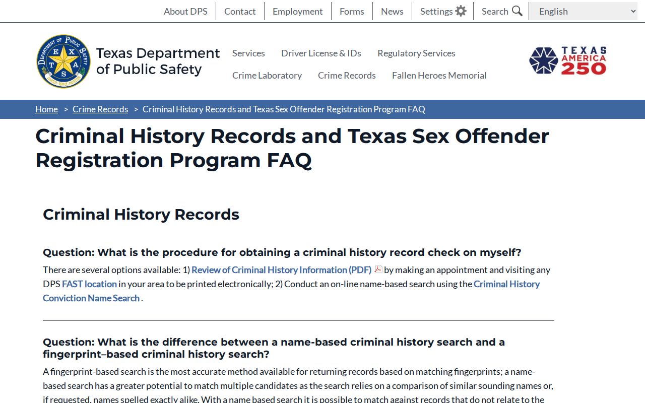 Texas DPS FAQ explaining sex offender registration duration rules
